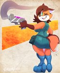 absurd_res anthro big_breasts big_butt boots breasts brown_body brown_fur brown_hair butt canid canine clothing female fluffy fluffy_tail footwear fox fur green_eyes hair hi_res laser_gun looking_at_viewer looking_back looking_back_at_viewer macy mammal one_eye_closed orange_body orange_fur ranged_weapon rear_view shoes smile smoke solo tail teeth thick_thighs tongue tongue_out vimhomeless weapon white_body white_fur wide_hips wink