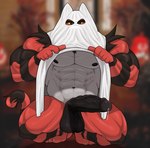 absurd_res anthro balls bedsheet_ghost big_balls big_muscles big_penis bodily_fluids crouching dripping erection felid feline fur generation_7_pokemon genital_fluids genitals ghost_costume halloween hi_res holidays huskero incineroar male mammal muscular muscular_anthro muscular_male nintendo penis pokemon pokemon_(species) precum precum_drip red_body red_fur solo yellow_eyes