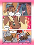 3:4 anthro blush brown_body bulge clothed clothing comic dialogue diggersby digital_media_(artwork) duo english_text female fur generation_4_pokemon generation_6_pokemon goopyarts hi_res lagomorph leporid lopunny male male/female mammal nintendo pokemon pokemon_(species) simple_background text