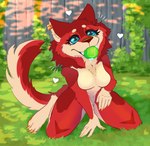 absurd_res anthro ball begging bodily_fluids breasts canid canine canis cass_(disambiguation) cassarts double_helix drooling featureless_breasts female fence fetch good_girl grass heart_symbol hi_res kneeling mammal nude paws plant saliva solo tail taro tennis_ball wolf yard