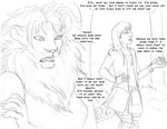 amanda_(tcitw) anthro arania armadillo_girdled_lizard breasts clothed clothing comic dialogue duo english_text felid female forest fur girdled_lizard hair hi_res hoodie humanoid jack_(tcitw) kilt lion lizard male mammal monochrome navel outside pantherine plant reptile scales scalie scuted_hands scuted_legs scuted_tail scutes text the_cabin_in_the_woods_(arania) topwear tree ventral_scales whiskers