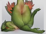 4:3 anthro anus biped blush bodily_fluids border breasts casla_(jmsdf) female fur genitals green_body green_scales green_tail humanoid_genitalia humanoid_pussy looking_back multicolored_body onm11 orange_body orange_fur pussy rear_view red_sclera scales scalie simple_background solo sweat tail tail_anus tan_body white_border