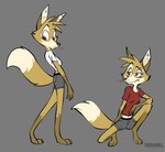 2023 3_toes anthro barefoot bottomwear canid canine clothing countershading digital_drawing_(artwork) digital_media_(artwork) ear_piercing feet female fox fur grey_background mammal nora_(serareldeer) piercing serareldeer shirt shorts simple_background solo toes topwear whiskers yellow_body yellow_fur