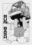 2023 absurd_res anthro barefoot black_and_white bun_bash car clothed clothing collar comic countryside dark_hair digital_media_(artwork) duo ears_up english_text feet female gynomorph_(lore) hare hi_res holding_object lagomorph leporid male mammal monochrome motor_vehicle muscular one_eye_obstructed paws peculiart rabbit ruth_(peculiart) text toony_car vehicle