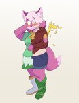 blush canid canine dondedun female fox fur hand_behind_head hi_res human mammal melody_amaranth mid_transformation pink_body pink_fur simple_background solo super_lesbian_animal_rpg trans_(lore) trans_woman_(lore) transformation