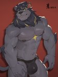 5_fingers abs areola bulge clothing dated detailed_bulge ear_piercing felid fingers hi_res jockstrap lion male mammal mane munax_od muscular muscular_male nipples pantherine piercing simple_background smile smirk solo tail underwear yellow_eyes