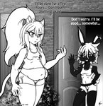 2016 accessory anthro bag belly blake_sinclair bottomwear bow_(feature) bow_accessory bow_ribbon breasts clothing comic domestic_cat door duo english_text felid feline felis female hair hair_accessory hair_bow hair_ribbon if_hell_had_a_taste lagomorph leporid mammal marci_hetson monochrome navel notched_ear open_mouth overweight overweight_anthro overweight_female plant ponytail rabbit ribbons scar shirt shorts text topwear viroveteruscy