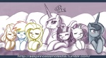 applejack_(mlp) bed blonde_hair blue_body blue_fur blush dialogue earth_pony equid equine eyes_closed fan_character female female/female feral fluttershy_(mlp) friendship_is_magic fur furniture group hair happy hasbro horn horse john_joseco long_hair mammal my_little_pony mythological_creature mythological_equine mythology pillow pony princess_celestia_(mlp) princess_luna_(mlp) princess_molestia purple_body purple_fur rainbow_dash_(mlp) rarity_(mlp) red_hair short_hair sleeping smile sparkles text twilight_sparkle_(mlp) unicorn url