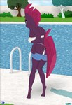 anthro anthrofied bikini bottomwear bottomwear_pull clothing clothing_pull discarded_clothing equid equine fab3716 female friendship_is_magic hair hasbro hi_res hooves horn looking_at_viewer looking_back mammal my_little_pony my_little_pony:_the_movie_(2017) mythological_creature mythological_equine mythology purple_body purple_hair rear_view shorts shorts_pull solo swimming_pool swimwear tempest_shadow_(mlp) two-piece_swimsuit undressing unguligrade unicorn