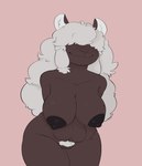 absurd_res anthro bent_over bovid breasts brown_body caprine covered_eyes dark_nipples deidra_(homosheep) female fur genitals hair hair_over_eyes hi_res inner_ear_fluff long_hair mammal markings mole_(marking) nipples nude pubes pussy sheep solo stitchwool tuft white_hair wool_(fur) wool_hair