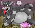 5:4 bovid bovine cashier:3 cattle cowlink_(cashier:3) crossgender female feral fur grey_body grey_fur hay hooves link machine mammal milking_machine nintendo pregnant solo story story_in_description teats the_legend_of_zelda tongue transformation udders