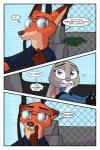 2017 akiric anthro bulletproof_vest canid canine car clothed clothing comic dialogue disney driving duo english_text eyewear female fox inside_car judy_hopps lagomorph leporid male mammal nick_wilde police police_uniform rabbit red_fox seatbelt sitting speech_bubble sunglasses text true_fox uniform vehicle zootopia