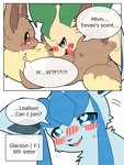 aroused blush blush_lines bodily_fluids brother_(lore) brother_and_sister_(lore) comic dialogue duo eevee eeveelution female feral generation_1_pokemon generation_4_pokemon glaceon group heart_symbol hi_res incest_(lore) leafeon licking male male/female nintendo okazu olfactophilia pokemon pokemon_(species) saliva sibling_(lore) simple_background sister_(lore) tongue tongue_out trio