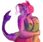 anglerfish anthro big_breasts blue_eyes blush breasts clothed clothing digital_media_(artwork) dragon embarrassed felid female fish fur glowing hair hybrid mammal marine mythological_creature mythological_scalie mythology nipple_outline nipples non-mammal_breasts prehistoric_species purple_body saber-toothed_tiger scalie simple_background sketch solo soulesx0 tail temper_(soulesx0)