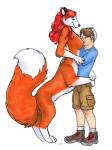 big_breasts blue_eyes breasts canid canid_taur canine canine_taur clothing duo female fox fox_taur fur hair hug human interspecies karl_whitepaw life's_dream long_hair male mammal mammal_taur nipples nude pandora_whitepaw smile taur unknown_artist white_body white_fur