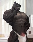 2020 5_fingers abs anthro areola biceps big_bulge big_muscles biped black_body black_fur blue_eyes brush brushing brushing_teeth bulge claws clothing digital_drawing_(artwork) digital_media_(artwork) felid finger_claws fingers flaccid fur gage_the_panther genitals goroguro hi_res holding_object huge_bulge huge_muscles humanoid_hands inside male mammal muscular navel nipples pantherine paws pecs penis penis_base solo standing toothbrush towel underwear white_clothing white_underwear