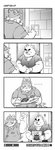 2020 absurd_res angry anthro asian_mythology bear belly clothing comic cute_fangs delivery_(commerce) delivery_bear_service delivery_employee dragon duo east_asian_mythology eastern_dragon ellipsis fangs hat headgear headwear hi_res kamui_shirow male mammal mythological_creature mythological_scalie mythology overweight overweight_male question_mark rayu_(kamui_shirow) scalie shirt teeth topwear