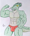 2024 abs absurd_res anthro barazoku biceps big_arms big_muscles big_pecs bulge clothing crocodile crocodile_tail crocodilian crocodylid dashthefox detailed_bulge fingers flexing flexing_bicep flexing_muscles green_body hi_res looking_at_viewer male manly muscular muscular_anthro muscular_male pecs red_clothing red_underwear reptile scalie sharp_teeth simple_background smile snort snorting tail teeth thick_tail traditional_media_(artwork) underwear vein veiny_arms white_background yellow_sclera