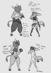 anthro asinus breasts canid canine comic dialogue donkey duo english_text equid equine eyewear female fox gaming genitals greyscale hi_res knife mammal melee_weapon monochrome multi_breast playing_video_game profanity pussy sword text toby_art vr_headset weapon