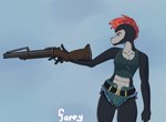 anthro black_lagoon bottomwear clothing crop_top farrythedragon female grenade_launcher gun hair hi_res hotpants mohawk ranged_weapon red_hair reptile scalie shirt shorts snake solo tomboy topwear weapon xira_decobray