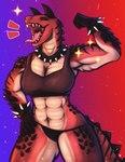 abelisaurid abs anthro arm_spikes big_breasts bra bracelet breasts carnotaurus cleavage clothed clothing collar dinosaur eyes_closed female fist flexing flexing_bicep forearm_spikes gradient_background hand_on_hip happy hi_res hip_spikes horn jewelry lighter_belly markings multicolored_body muscular muscular_anthro muscular_arms muscular_female neck_spikes non-mammal_breasts open_mouth prehistoric_species reptile scaled_underbelly scales scalie shoulder_spikes signature simple_background snowxwx solo sparkles spiked_bracelet spiked_collar spiked_tail spikes spikes_(anatomy) sports_bra striped_markings stripes tail tanya_(chilipeppers) teeth theropod thick_neck thigh_spikes thong tongue tongue_out underwear watermark