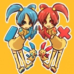 1:1 alternate_species blue_eyes blue_hair boots clothing cosplay dress female footwear generation_3_pokemon gloves group hair handwear hitec human humanized legwear mammal minun moemon nintendo orange_background pigtails plusle pokemon pokemon_(species) red_eyes red_hair shoes sibling_(lore) simple_background thigh_boots thigh_highs twins_(lore) yellow_clothing yellow_dress