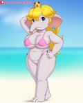 4:5 absurd_res anthro bikini blonde_hair blue_eyes breasts clothing crown ear_piercing elephant elephant_peach elephantid female hair headgear hi_res mammal mario_bros nintendo piercing princess_peach proboscidean proboscis_(anatomy) rainven solo super_mario_bros_wonder swimwear trunk_(anatomy) two-piece_swimsuit