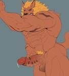 abs absurd_res anthro balls bandai_namco biceps digimon digimon_(species) felid genitals hi_res leomon lion male mammal mane masturbation muscular muscular_anthro muscular_male pantherine pecs penis physen solo unfinished vein veiny_penis