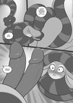 2_penises anthro black_and_white blush bodily_fluids coiling comic dialogue disney duo english_text erection female feral freckles_(artist) genitals inward_tail_speech_bubble judy_hopps lagomorph leporid looking_at_genitalia looking_at_penis male mammal monochrome multi_genitalia multi_penis penis penis_awe rabbit reptile scalie snake speech_bubble sweat talking_to_another text unprofessional_behavior zootopia