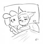 2017 alec8ter anthro bed bedding black_and_white blanket blush cassidy_(alec8ter) clothed clothing conditional_dnp cuddling domestic_cat expression_meme eyes_closed felid feline felis furniture inner_ear_fluff lying male mammal meme monochrome on_bed on_side plushie signature simple_background sleeping solo tuft under_covers white_background