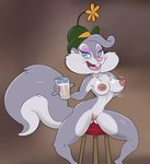 2024 animaniacs anthro areola big_tail biped breasts buckteeth bythebook clothing countershade_face countershade_tail countershade_torso countershading female fluffy fluffy_tail furniture genitals grey_body hat hat_only head_tuft headgear headgear_only headwear headwear_only hi_res holding_glass holding_object looking_at_viewer mammal medium_breasts mostly_nude multicolored_body nipples open_mouth open_smile pussy rodent sciurid sitting_on_stool slappy_squirrel smile solo stool tail teeth tongue tree_squirrel tuft two_tone_body warner_brothers white_body white_countershading