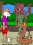 angry anthro blue_eyes bottomless breasts brown_body brown_fur brown_scales clothed clothing eyes_closed female feral forest fur green_clothing group hair kthanid_(artist) male overalls pink_nose pit_viper plant randy_rabbit rattlesnake red_hair reptile rutwell_forest scales scalie serenakty serpentine snake sylvester_s._svengal_esq. toony tree trio viper yellow_eyes