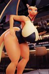 2:3 3d_(artwork) absurd_res alcohol anthro beverage big_breasts blue_eyes breasts bunny_costume charizard clothing collar costume digital_media_(artwork) female generation_1_pokemon glistening glistening_body glistening_legs glistening_thighs guimontag hand_on_hip hi_res huge_breasts nintendo orange_body pokeball pokeball_collar pokemon pokemon_(species) pupils serving_tray slit_pupils solo thick_thighs waiter wine wings yuki_(evov1) yukizard_(evov1)