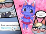 4:3 animal_crossing anthro bikini bikini_skirt blonde_hair blush clothing digital_media_(artwork) domestic_cat english_text felid feline felis fur grey_body grey_fur gyukaku_dondon hair mammal midriff nintendo purple_body purple_fur raymond_(animal_crossing) rosie_(animal_crossing) swimwear text two-piece_swimsuit