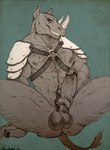 2016 abs anthro armor balls belly_hair biceps body_hair butt chest_hair chumbasket erection genitals grin hairy hand_on_penis happy_trail horn looking_at_viewer male mammal manly muscular nipples pecs penis presenting pubes rhinoceros ryan_carthage simple_background sitting smile solo spread_legs spreading triceps vein veiny_penis