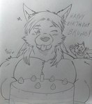 2024 anthro barazoku biceps birthday birthday_cake bruno_o_donnell cake canid canine canis clothed clothing dashfox dashthefox dessert english_text eye_scar eyes_closed facial_scar food fox fruit fur graphite_(artwork) hair hi_res long_hair male mammal manly monochrome muscular muscular_anthro muscular_arms muscular_male one_eye_closed pecs pencil_(artwork) plant scar shirtless shirtless_anthro shirtless_male simple_background slightly_chubby smile strawberry text tongue tongue_out traditional_media_(artwork) wink wolf