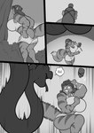 anthro big_breasts big_butt breasts butt clenched_teeth clothed clothing comic dialogue domestic_cat duo felid feline felis female freckles_(artist) greyscale huge_breasts male mammal monochrome plant reptile scalie shrub snake soto_(freckles) surprise teeth tree wide_eyed