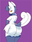 anthro big_breasts big_butt breasts butt clothing female generation_6_pokemon hi_res huge_butt legwear looking_back meowstic nintendo pokemon pokemon_(species) purple_background red_eyes simple_background sirphilliam solo tail thigh_highs