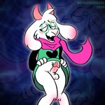 2024 absurd_res anthro balls blush bodily_fluids bottomwear bovid caprine clothed clothing clothing_lift crossed_legs cum deltarune dress dress_lift erection genital_fluids genitals goat hi_res humanoid_genitalia humanoid_penis male mammal open_mouth penis precum ralsei scarf skirt skirt_lift solo undertale_(series) wickedwhiskerz