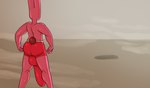 anthro balls big_penis bottomwear butt clothing genitals hi_res jovi_cap jovi_cap_(oc) lagomorph leporid male mammal penis pink_body rabbit shorts simple_background solo