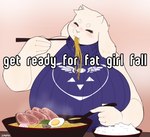 anthro big_breasts bovid bowl breasts caprine chopsticks chubby_cheeks closed_smile clothing collar container cutlery eating eating_food egg eyes_closed feeding female fluffy_ears food fur goat happy hi_res holding_object horn humanoid jaypixi kitchen_utensils mammal meat meme mouth_closed nails noodles overweight overweight_anthro overweight_female rice shirt simple_background sitting slightly_chubby slightly_chubby_anthro slightly_chubby_female slurping smile solo soup spoon sweater tools topwear toriel undertale_(series) white_body white_fur