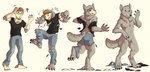 4_toes 5_fingers 5_toes after_transformation ankle_tuft anthro arm_tuft athletic athletic_anthro athletic_human athletic_male barefoot base_one_layout black_claws black_nose black_sclera blue_eyes bottomwear brown_hair canid canine canis cel_shading cheek_tuft chest_tuft claws clothed clothing denim denim_bottomwear denim_clothing destroyed_clothing dewclaw digitigrade elbow_tuft eye_color_transformation eyewear facial_hair facial_tuft featureless_crotch feet finger_claws fingers fluffy fluffy_tail fur fur_growth glasses goatee green_eyes grey_body grey_fur growth hair hair_to_fur hand_on_head happy head_scratch head_tuft human human_to_anthro jeans leg_tuft looking_at_hand looking_at_self looking_back male mammal mane mid_transformation motion_lines neck_tuft nude on_one_leg open_mouth pants pawpads paws pink_pawpads plantigrade plantigrade_to_digitigrade question_mark raised_leg ramthedragon shaded shirt shocked simple_background smile snout snout_growth solo species_transformation standing surprised t-shirt tail tail_growth toe_claws toes tongue topwear torn_bottomwear torn_clothing torn_jeans torn_pants torn_shirt torn_t-shirt torn_topwear transformation transformation_sequence tuft wolf worried