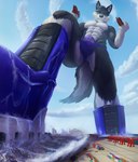 2023 anthro boots bulge canid canine canis clothing cloud detailed_bulge footwear hi_res landscape_dwarfing looking_down macro male mammal muscular muscular_anthro muscular_male perspective sea shipping_container shipping_yard shiron_(rashiin) shoes sky smile solo tail thb886 underwear water wave wolf