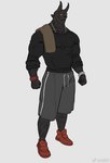 2018 2_horns black_body black_clothing black_shirt black_skin black_topwear bottomwear clock clothing demon demon_humanoid dog_tags ear_piercing ear_ring footwear grey_bottomwear grey_clothing grey_shorts grey_wristband horikwawataru horn humanoid long_sleeves male muscular muscular_humanoid muscular_male piercing red_clothing red_footwear red_shoes ring_piercing rolled_up_sleeves shirt shoes shorts simple_background sneakers solo standing topwear towel towel_on_shoulder watch white_background wristband wristwatch yellow_eyes