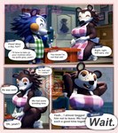 3d_(artwork) animal_crossing anthro apron apron_only big_breasts big_butt blue_body blue_fur breasts brown_body brown_fur butt clothing comic dialogue digital_media_(artwork) door duo english_text eulipotyphlan female freckles fur furniture hands_behind_head hedgehog hi_res kneeling mabel_able mammal mostly_nude nintendo revhearts sable_able sewing_machine smile speech_bubble standing table tape_measure text watermark wide_hips