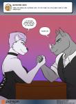 2018 anthro arm_wrestling ask_blog bear choker clothed clothing comic conditional_dnp dialogue digital_media_(artwork) duo english_text eyeshadow female jewelry kadath makeup male mammal mature_anthro mature_female necklace piercing polar_bear rhinoceros speech_bubble text url ursine vera_korzynski vince_(kadath)