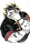 anthro asian_clothing blue_eyes chinese_clothing clothing east_asian_clothing eyewear felid fur glasses hi_res licho_(tas) lifewonders male mammal overweight pantherine popcornduck2 solo striped_body striped_fur stripes tiger tokyo_afterschool_summoners white_body white_fur