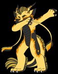 2018 alpha_channel anthro barbel_(anatomy) black_body black_scales claws dabbing dragon eastern_dragon eyebrows eyes_closed fluffy gold_body gold_scales horn kobold kodiyak male mane meme mythological_creature mythological_scalie mythology orange_outline outline rune_(banananoodl) scales scalie solo tail tuft yellow_body yellow_scales