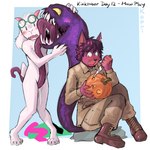 1:1 absurd_res ammut_(vaughan) anthro bodily_fluids bovid caprine clothed clothing cosmic_fur deltarune domestic_cat drooling duo eyewear felid feline felis food fruit fully_clothed fur glasses goat hi_res horn jack-o'-lantern kapri knife licking_crotch living_tail long_tongue male male/male mammal mawplay monster nude plant pumpkin purple_body purple_fur ralsei round_glasses saliva sharp_teeth tail tail_mouth teeth tongue undertale_(series) unusual_anatomy unusual_tail vaughan_vic white_body white_fur