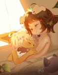 anthro bell brown_hair canid canine canis domestic_dog duo eevee elly_(artist) eyes_closed female fingers floppy_ears fur generation_1_pokemon hair hi_res joyce_(riiko) male male/female mammal nintendo pokemon pokemon_(species) sleeping sundae_(auvere) young young_anthro young_female young_male